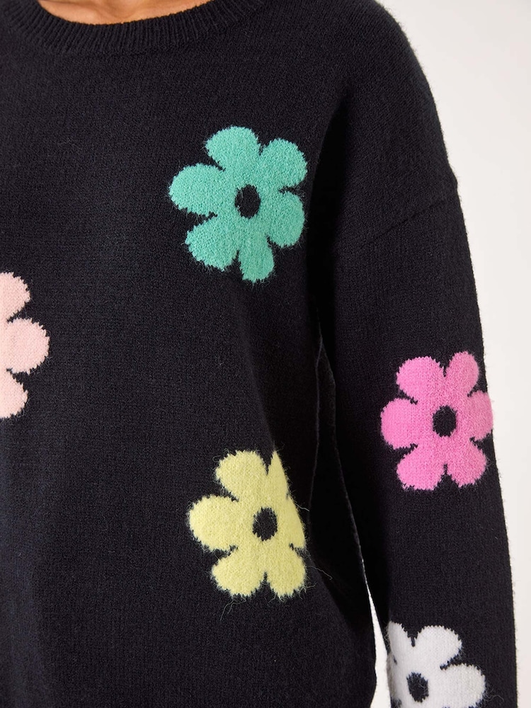 Roman Black Floral Print Jacquard Knit Jumper - Image 5 of 5