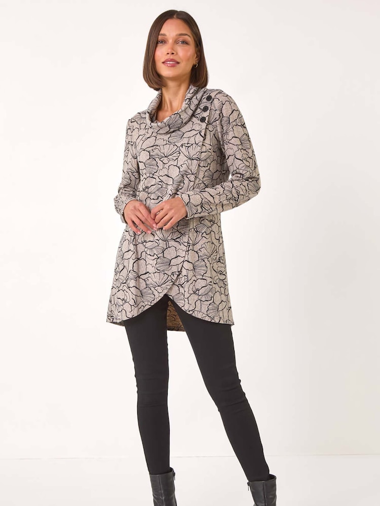 Roman Grey Floral Print Cowl Neck Top - Image 2 of 5 Roman Grey Floral Print Cowl Neck Top - Image 2 of 5