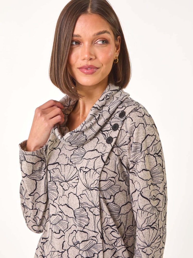 Roman Grey Floral Print Cowl Neck Top - Image 5 of 5 Roman Grey Floral Print Cowl Neck Top - Image 5 of 5