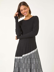Roman Black Pleated Border Ribbed Knit Dress - Image 1 of 5