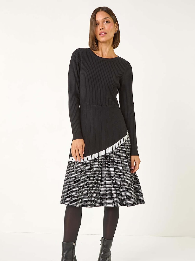 Roman Black Pleated Border Ribbed Knit Dress - Image 2 of 5