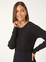 Roman Black Pleated Border Ribbed Knit Dress - Image 4 of 5
