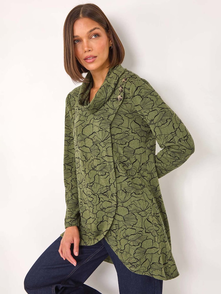Roman Green Floral Print Cowl Neck Top - Image 1 of 5