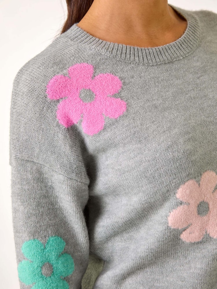 Roman Grey Floral Print Jacquard Knit Jumper - Image 5 of 5