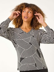Roman Black Geometric V-Neck Stretch Top - Image 1 of 5
