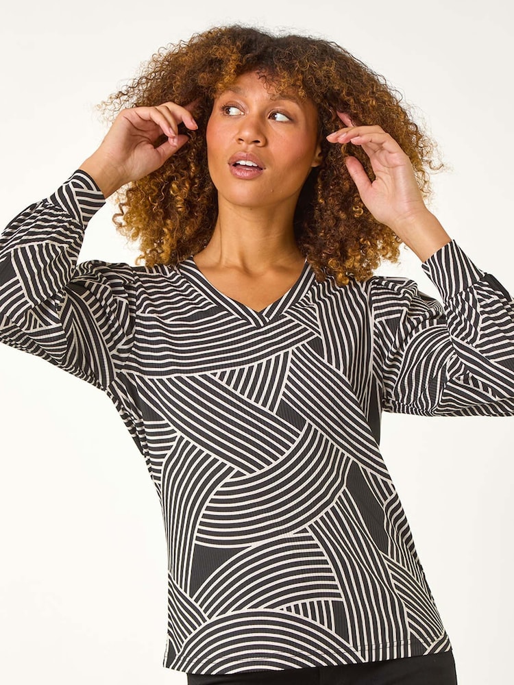 Roman Black Geometric V-Neck Stretch Top - Image 1 of 5