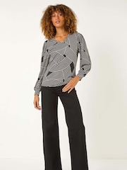 Roman Black Geometric V-Neck Stretch Top - Image 2 of 5