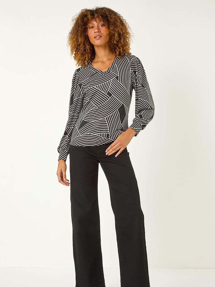 Roman Black Geometric V-Neck Stretch Top - Image 2 of 5 Roman Black Geometric V-Neck Stretch Top - Image 2 of 5