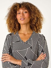 Roman Black Geometric V-Neck Stretch Top - Image 4 of 5