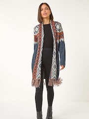 Roman Blue Geo Patterned Longline Fringe Cardigan - Image 1 of 5