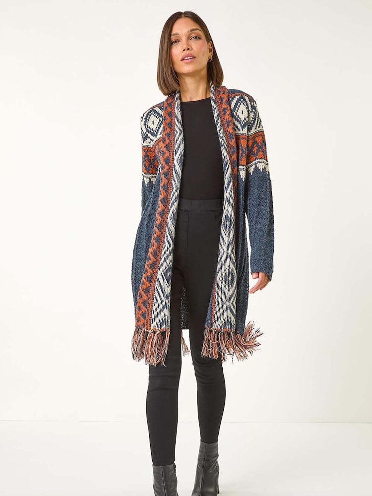 Roman Blue Geo Patterned Longline Fringe Cardigan - Image 1 of 5