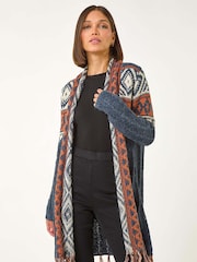 Roman Blue Geo Patterned Longline Fringe Cardigan - Image 2 of 5