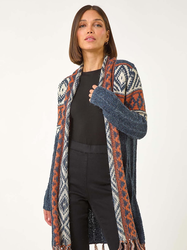 Roman Blue Geo Patterned Longline Fringe Cardigan - Image 2 of 5