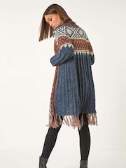 Roman Blue Geo Patterned Longline Fringe Cardigan - Image 3 of 5