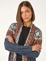 Roman Blue Geo Patterned Longline Fringe Cardigan - Image 4 of 5