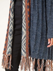 Roman Blue Geo Patterned Longline Fringe Cardigan - Image 5 of 5