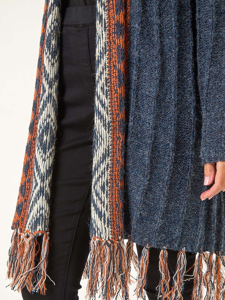 Roman Blue Geo Patterned Longline Fringe Cardigan - Image 5 of 5