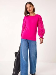 Roman Pink Lace Sleeve Knit Jumper - Image 1 of 5