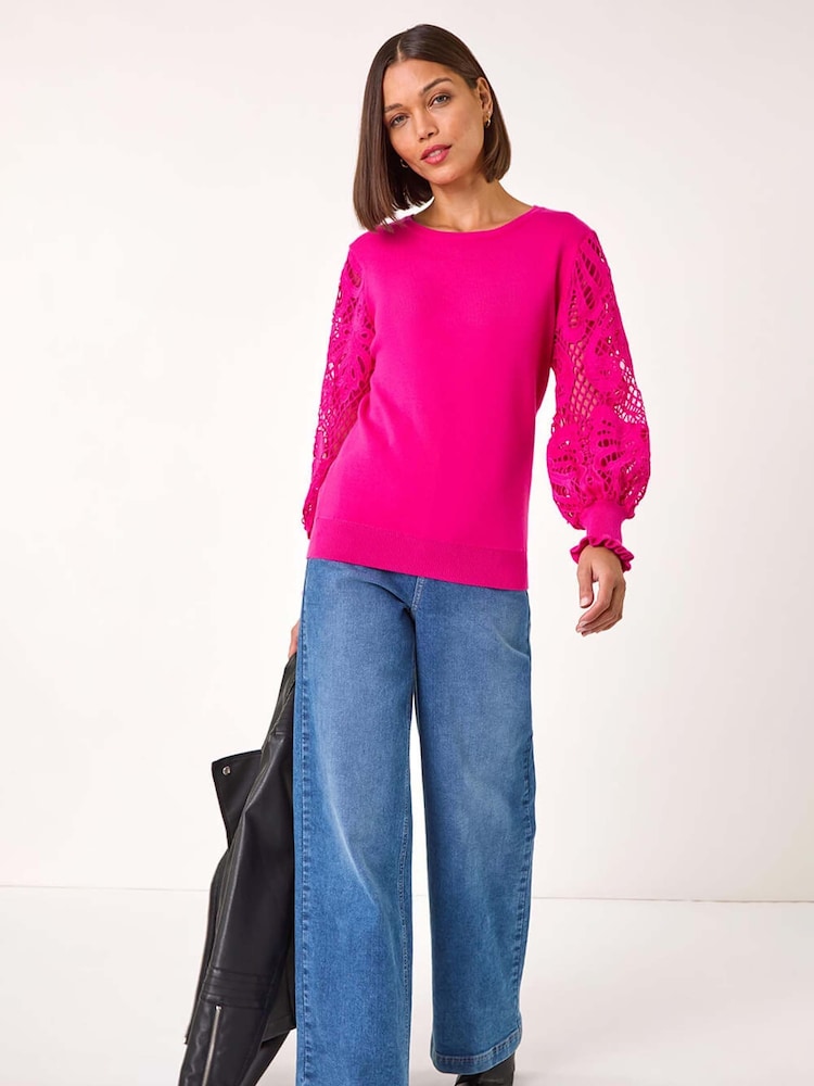 Roman Pink Lace Sleeve Knit Jumper - Image 1 of 5
