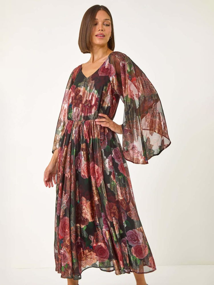 Roman Black Floral Print Shimmer Midi Dress - Image 1 of 5