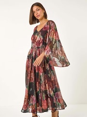 Roman Black Floral Print Shimmer Midi Dress - Image 3 of 5