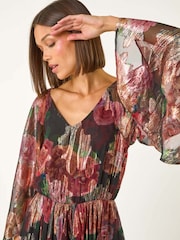 Roman Black Floral Print Shimmer Midi Dress - Image 4 of 5