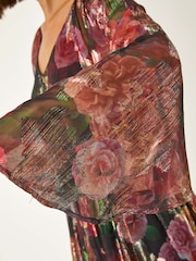 Roman Black Floral Print Shimmer Midi Dress - Image 5 of 5