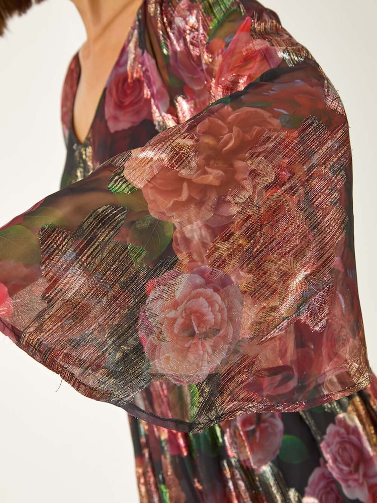 Roman Black Floral Print Shimmer Midi Dress - Image 5 of 5