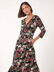 Roman Green Floral Print Wrap Front Midi Dress - Image 1 of 5