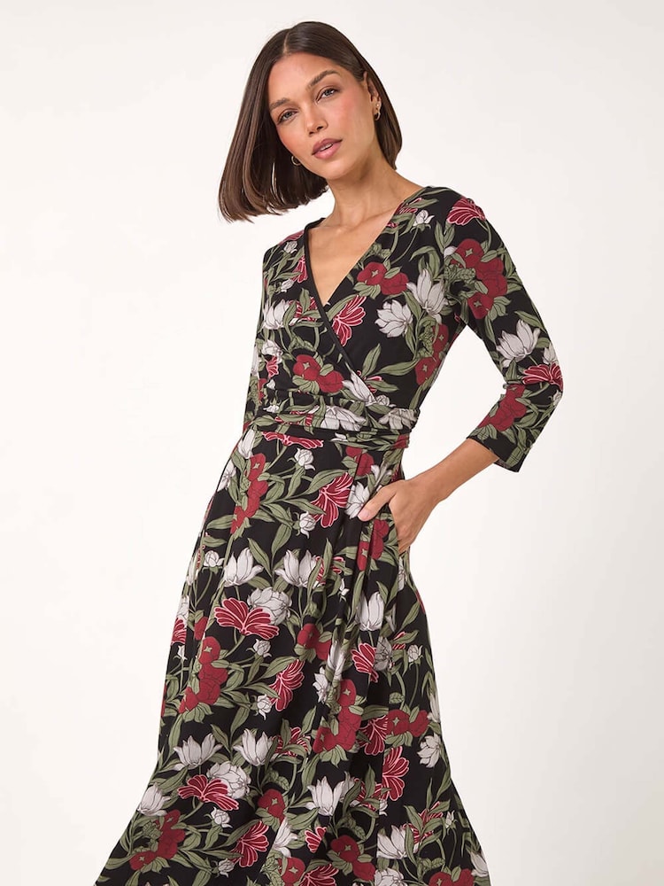 Roman Green Floral Print Wrap Front Midi Dress - Image 1 of 5