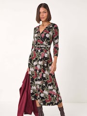 Roman Green Floral Print Wrap Front Midi Dress - Image 2 of 5
