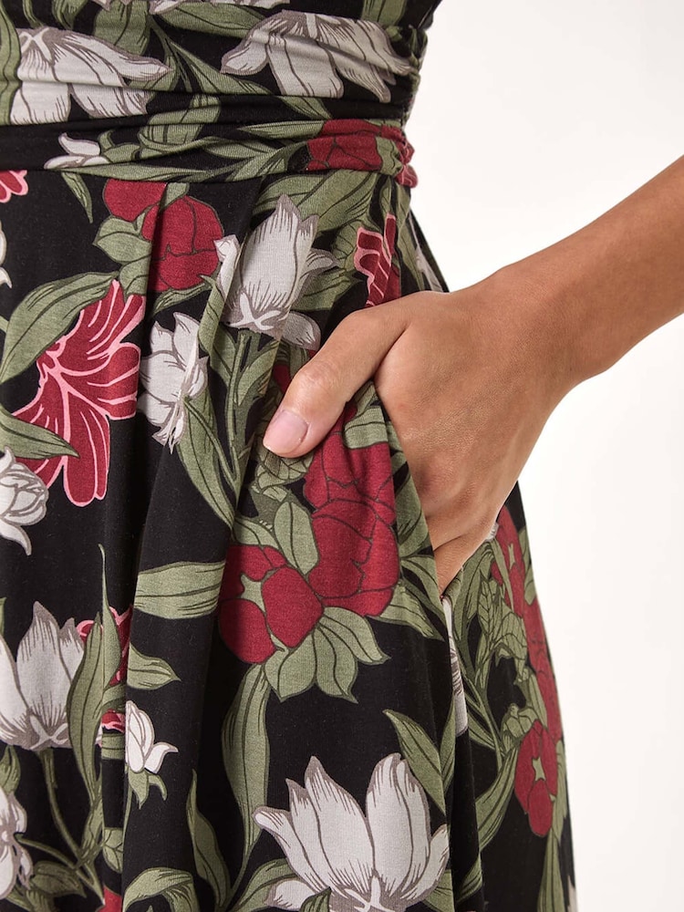 Roman Green Floral Print Wrap Front Midi Dress - Image 5 of 5