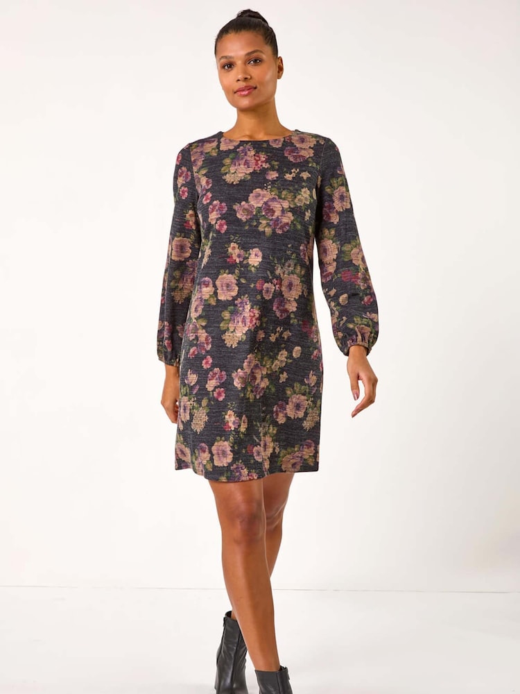 Roman Purple Floral Print Stretch Swing Dress - Image 1 of 5