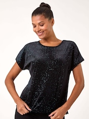 Roman Black Glitter Velvet Stretch T-Shirt - Image 4 of 5