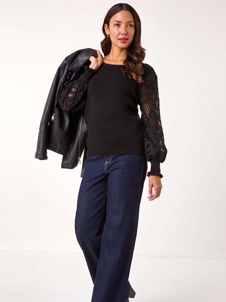 Roman Black Lace Sleeve Knit Jumper - Image 1 of 5