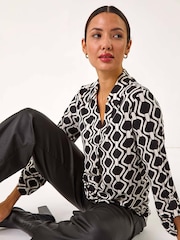Roman Mono Chain Print V-Neck Stretch Top - Image 1 of 5