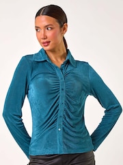 Roman Blue Mock Buttoned Collared Stretch Shirt - Image 4 of 5