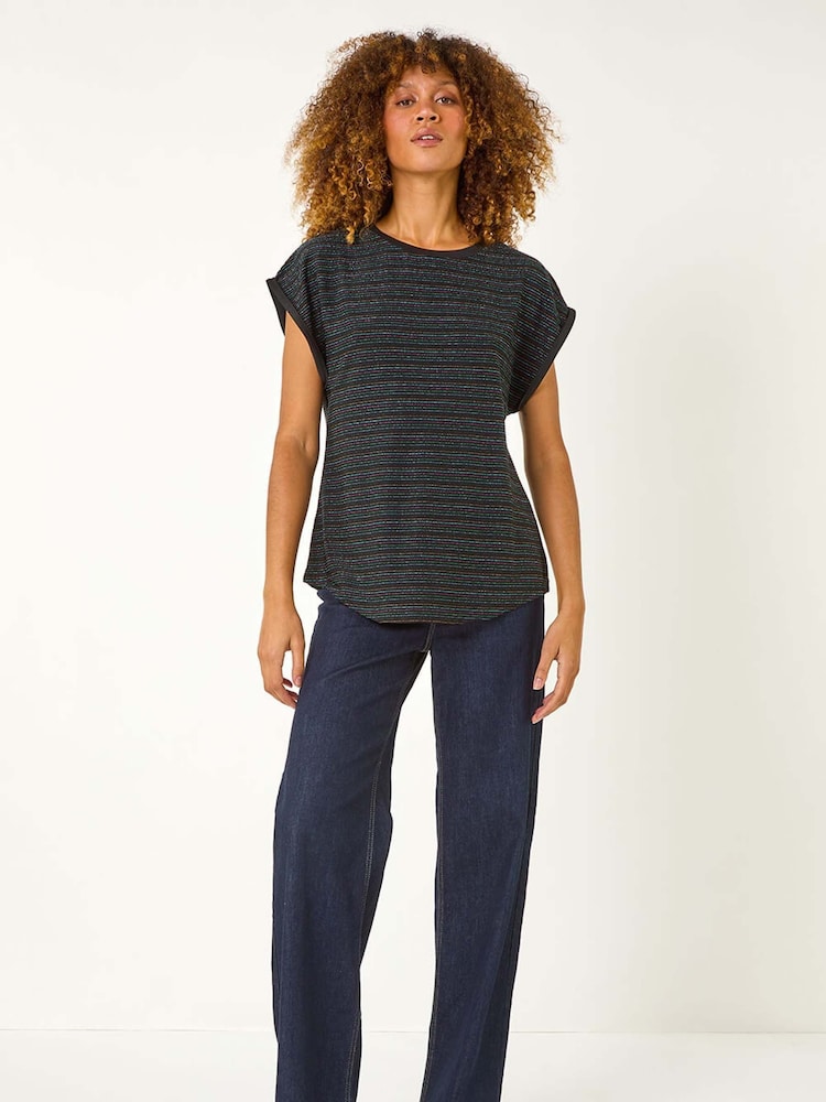 Roman Blue Metallic Stripe Stretch T-Shirt - Image 1 of 5 Roman Blue Metallic Stripe Stretch T-Shirt - Image 1 of 5