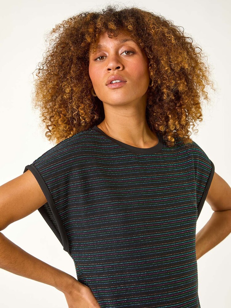 Roman Blue Metallic Stripe Stretch T-Shirt - Image 2 of 5 Roman Blue Metallic Stripe Stretch T-Shirt - Image 2 of 5