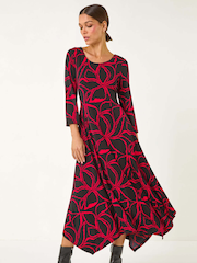 Roman Red Leaf Print Hanky Hem Stretch Midi Dress - Image 1 of 5