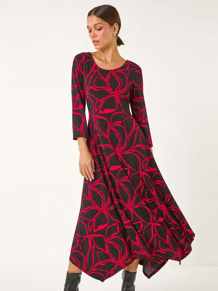 Roman Red Leaf Print Hanky Hem Stretch Midi Dress - Image 1 of 5