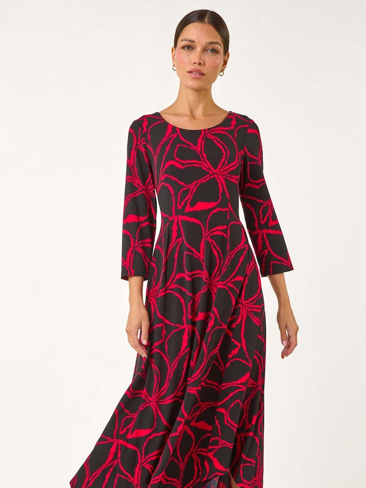 Roman Red Leaf Print Hanky Hem Stretch Midi Dress - Image 2 of 5