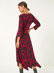 Roman Red Leaf Print Hanky Hem Stretch Midi Dress - Image 3 of 5