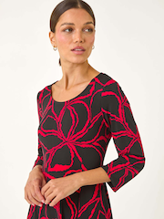 Roman Red Leaf Print Hanky Hem Stretch Midi Dress - Image 4 of 5