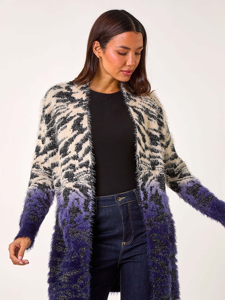 Roman Purple Fluffy Abstract Dipped Cardigan - Image 1 of 5