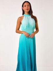 Roman Blue Ombre Halter Neck Pleated Maxi Dress - Image 2 of 5