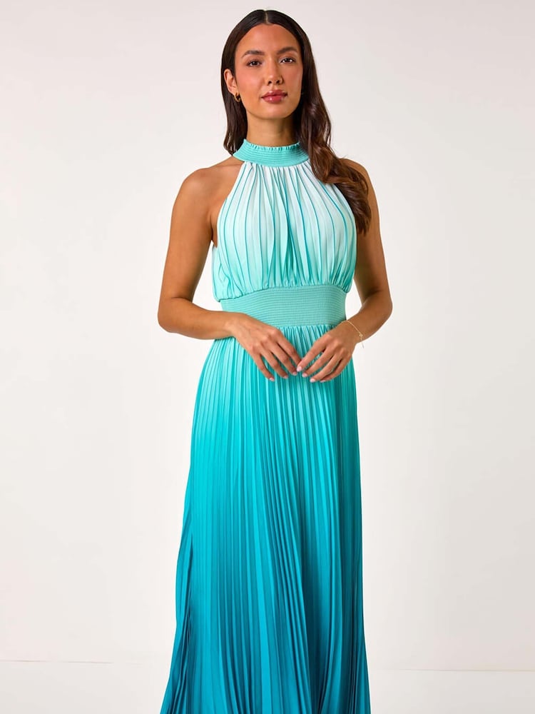 Roman Blue Ombre Halter Neck Pleated Maxi Dress - Image 2 of 5
