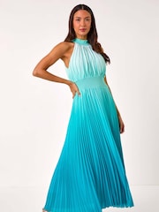 Roman Blue Ombre Halter Neck Pleated Maxi Dress - Image 3 of 5