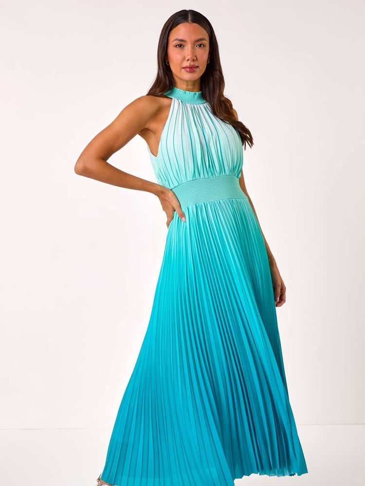 Roman Blue Ombre Halter Neck Pleated Maxi Dress - Image 3 of 5