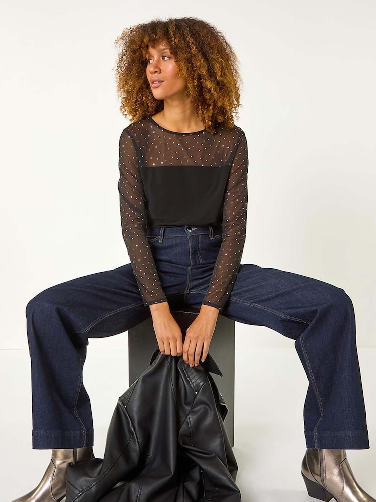 Roman Black Holographic Foil Mesh Sleeve Top - Image 1 of 5